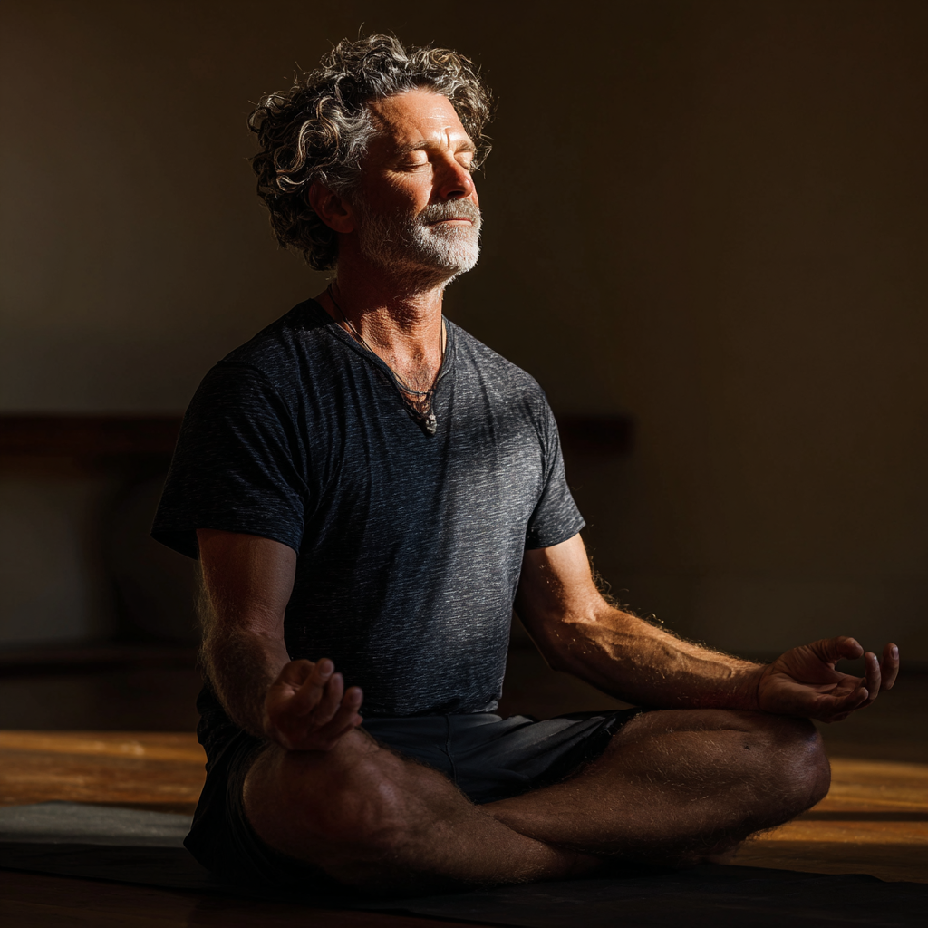 Experienced middle-aged yoga instructor in meditation pose