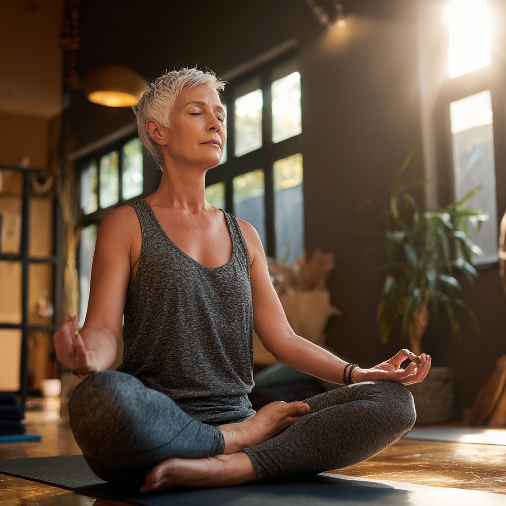 Middle-aged woman practicing yoga in peaceful studio environment